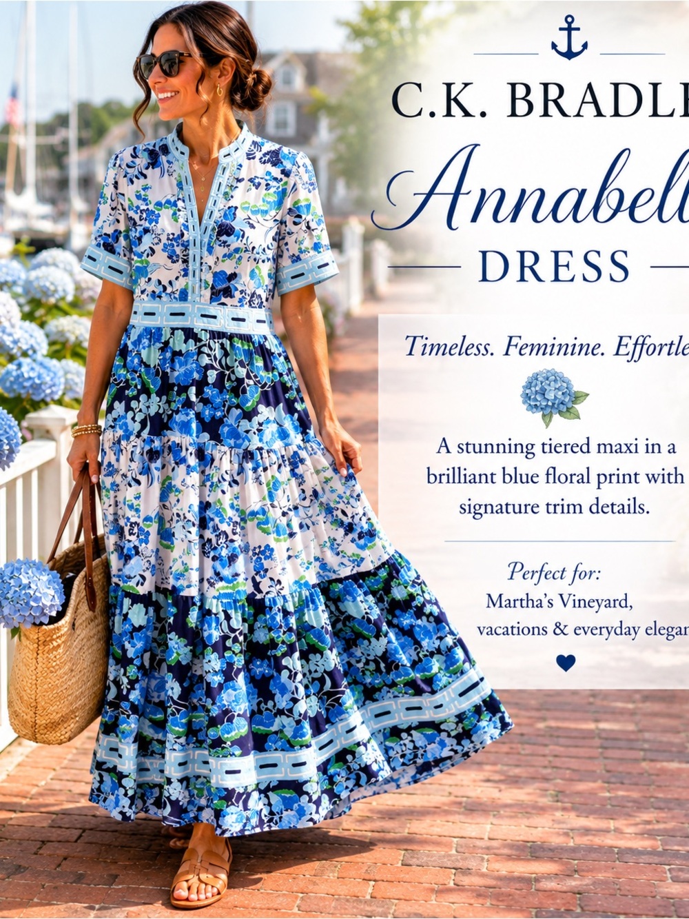 C.K. Bradley Annabelle Blue Floral Tiered Maxi Dress read Large NWT